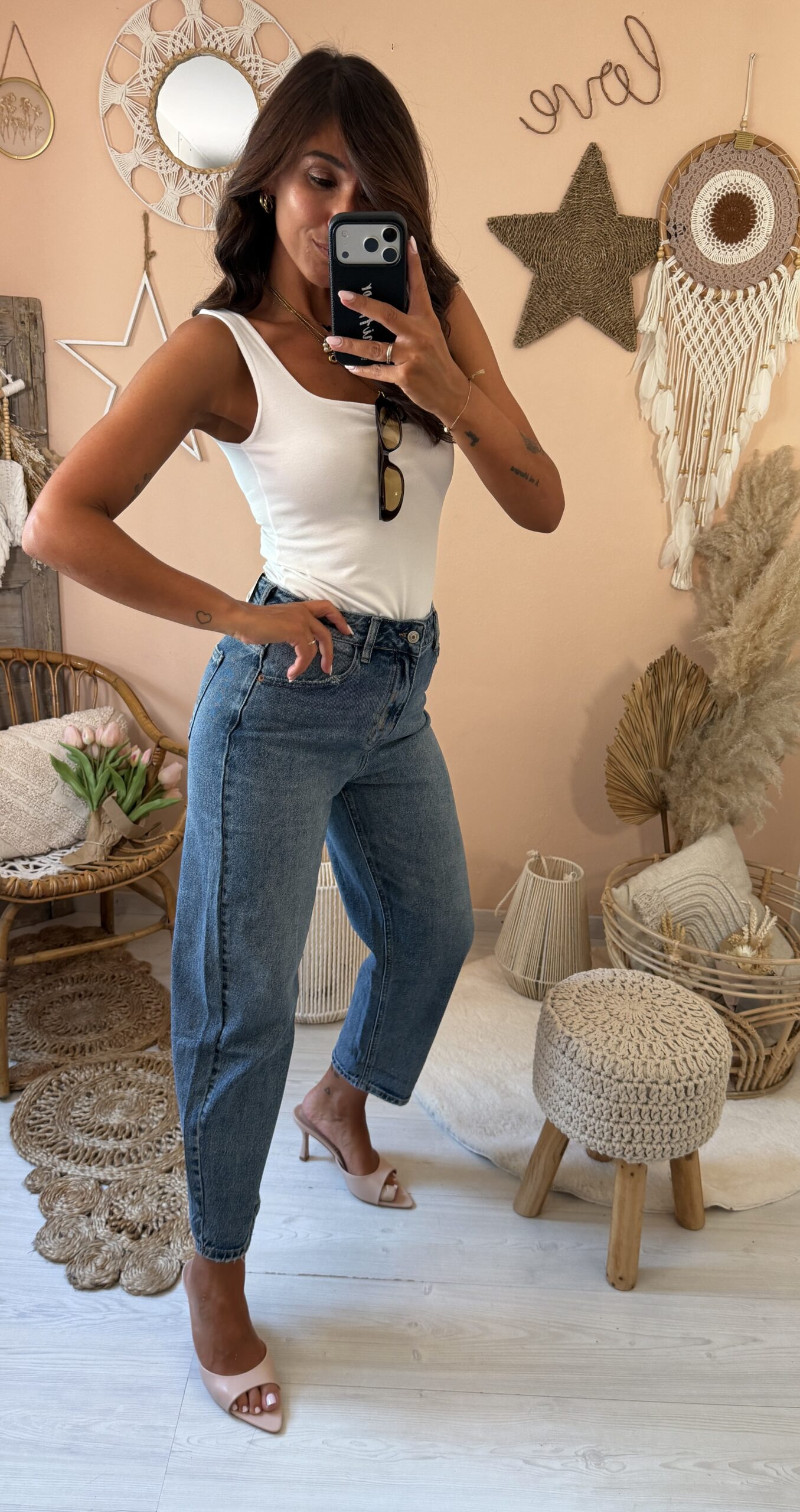 Jeans mom fit gamba dritta vita alta