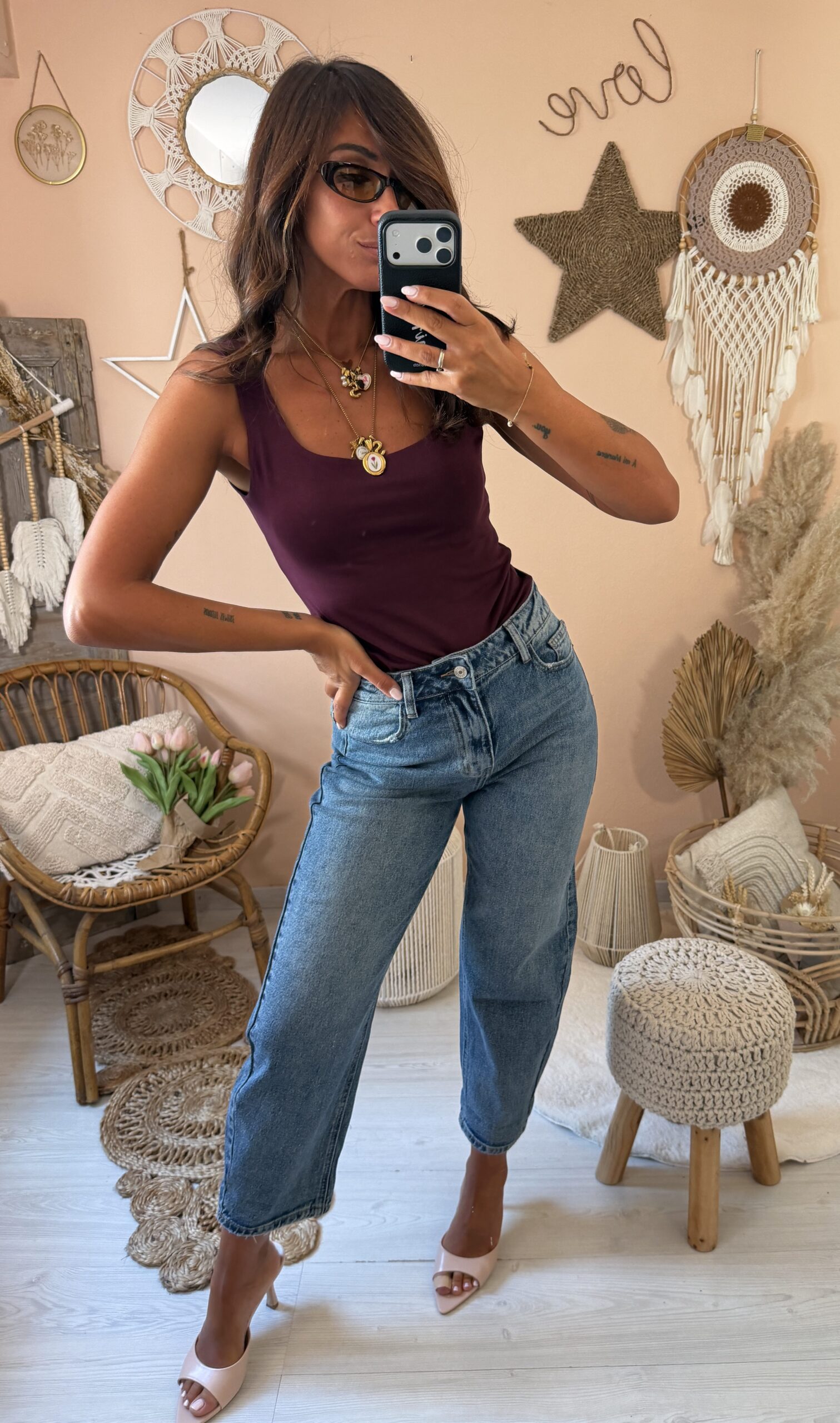 Jeans mom fit gamba dritta vita alta