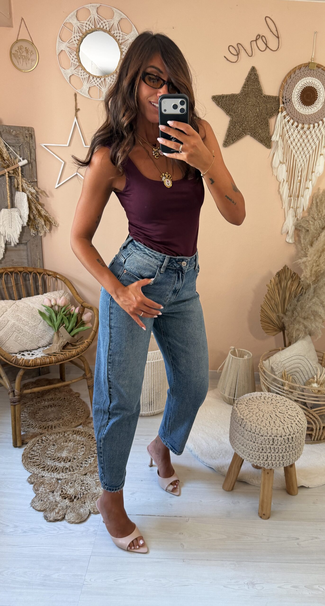 Jeans mom fit gamba dritta vita alta
