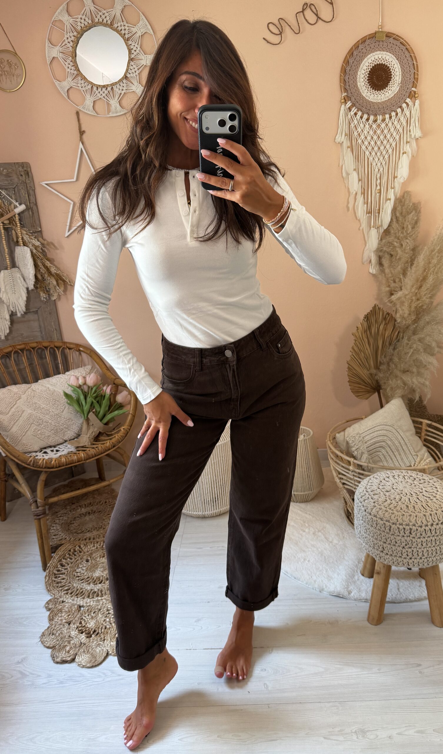 Jeans momfit gamba dritta marrone