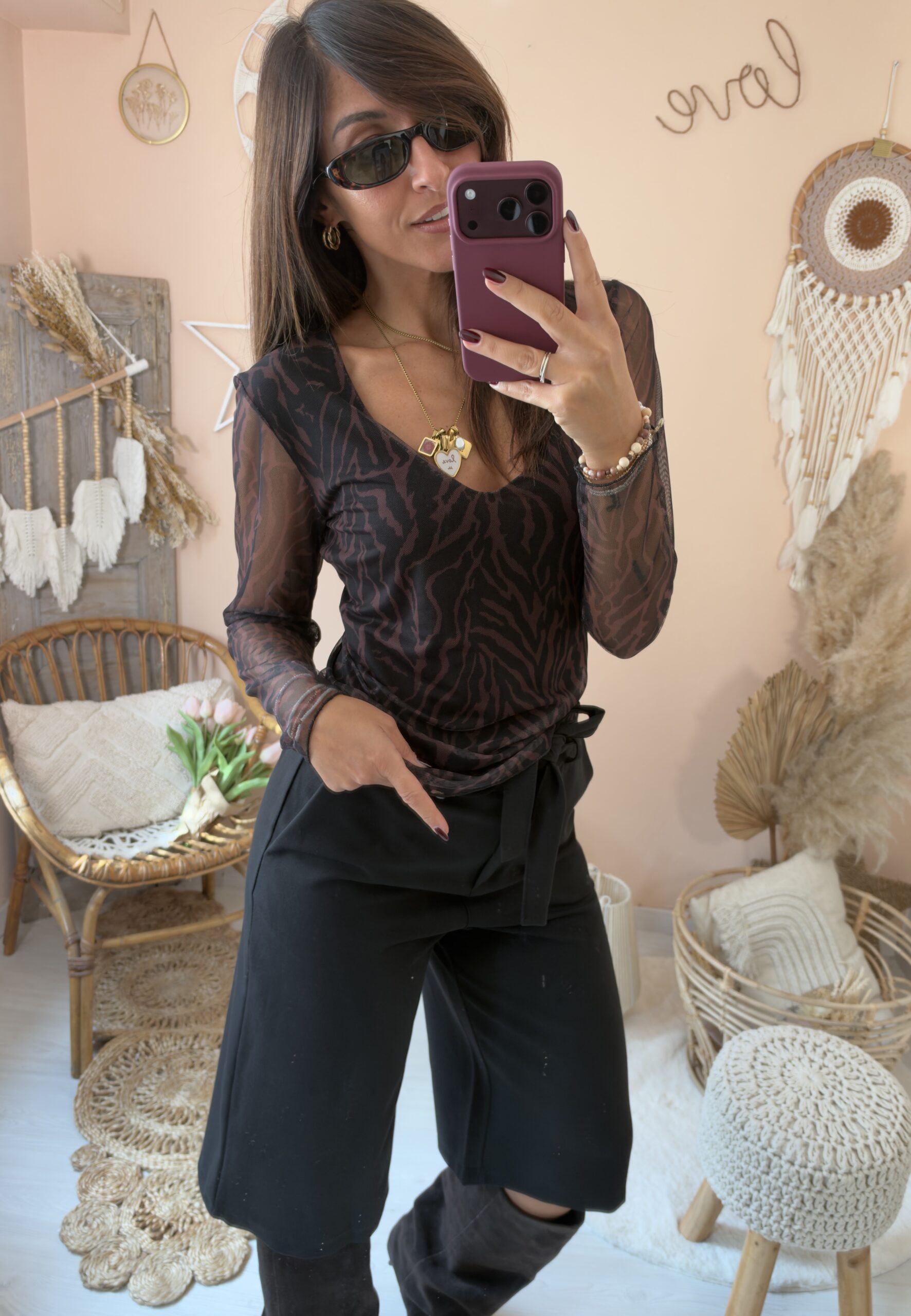 T-shirt tulle animalier scollo V