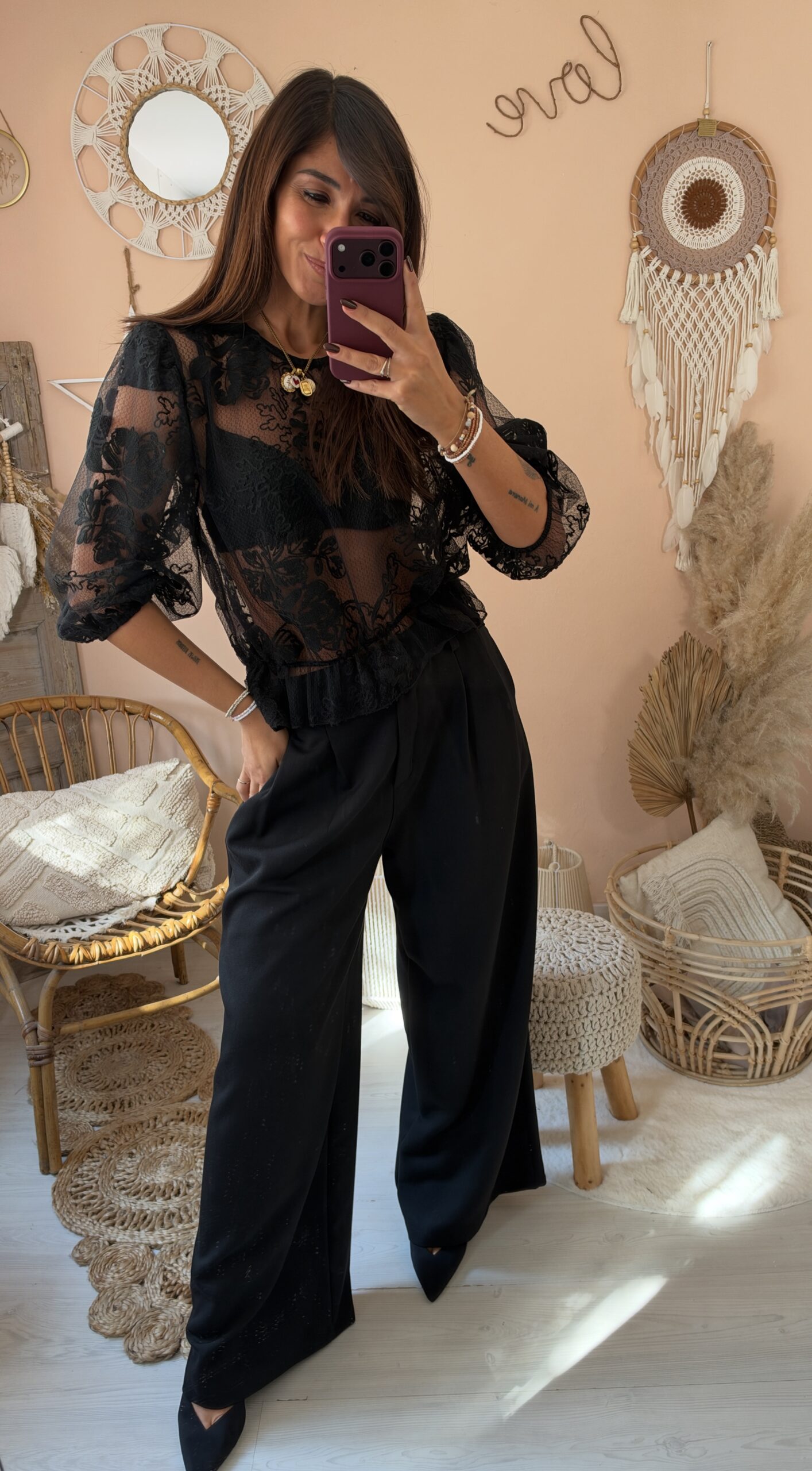 Camicia pizzo nero manica sbuffo saiph