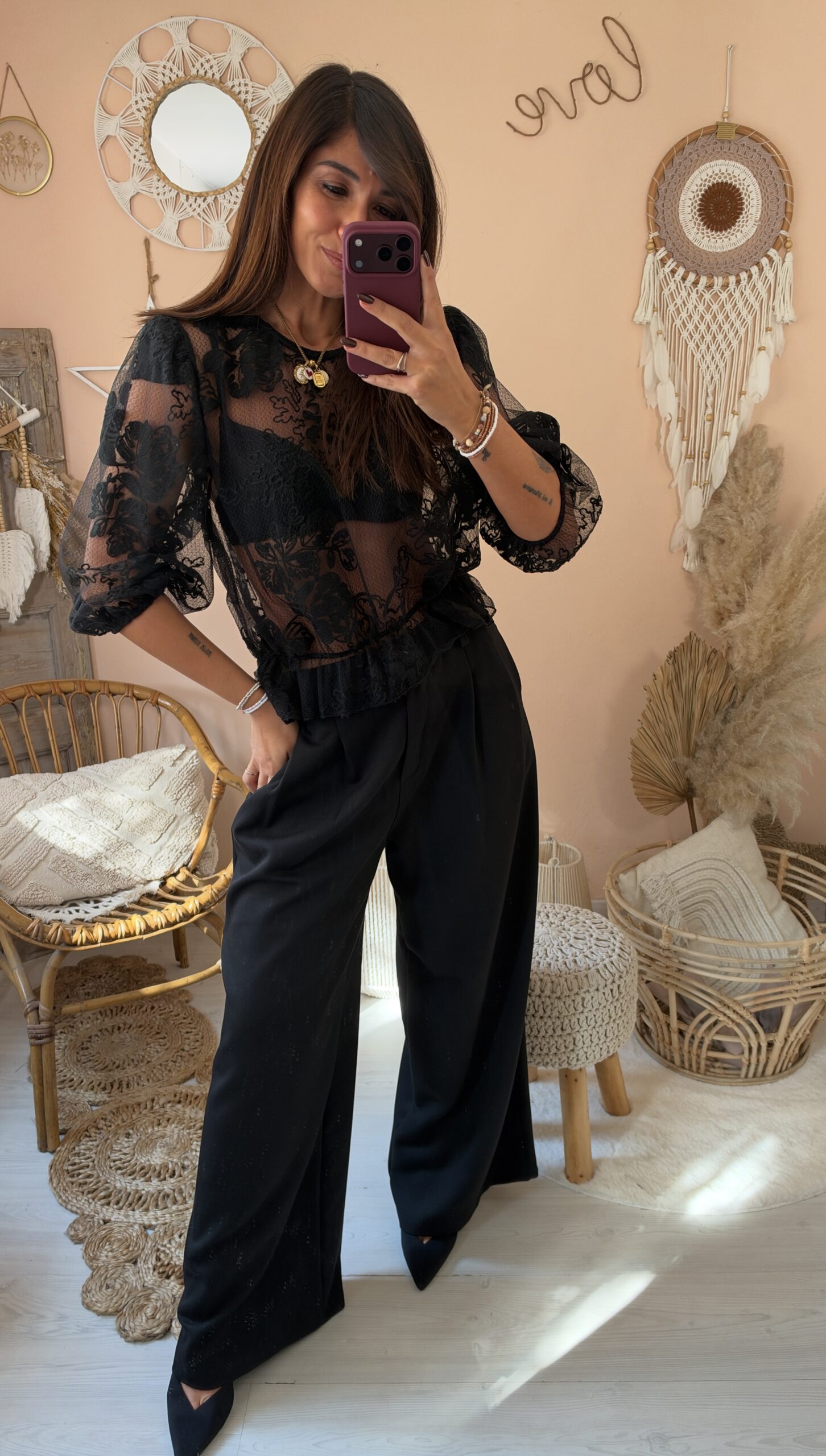Camicia pizzo nero manica sbuffo saiph