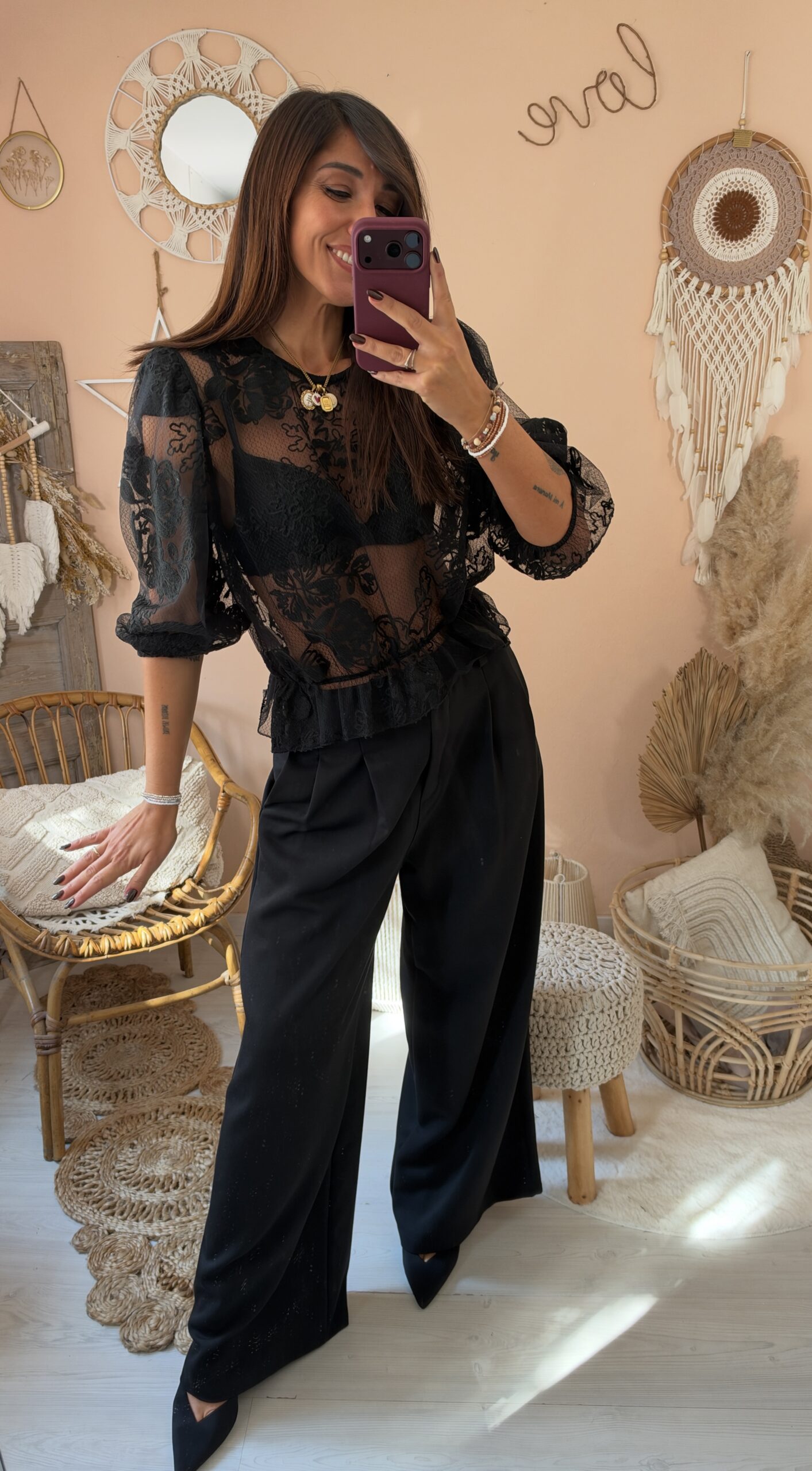 Camicia pizzo nero manica sbuffo saiph
