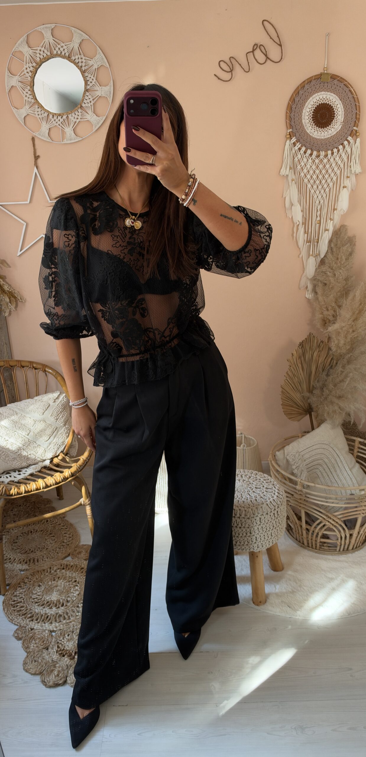 Camicia pizzo nero manica sbuffo saiph