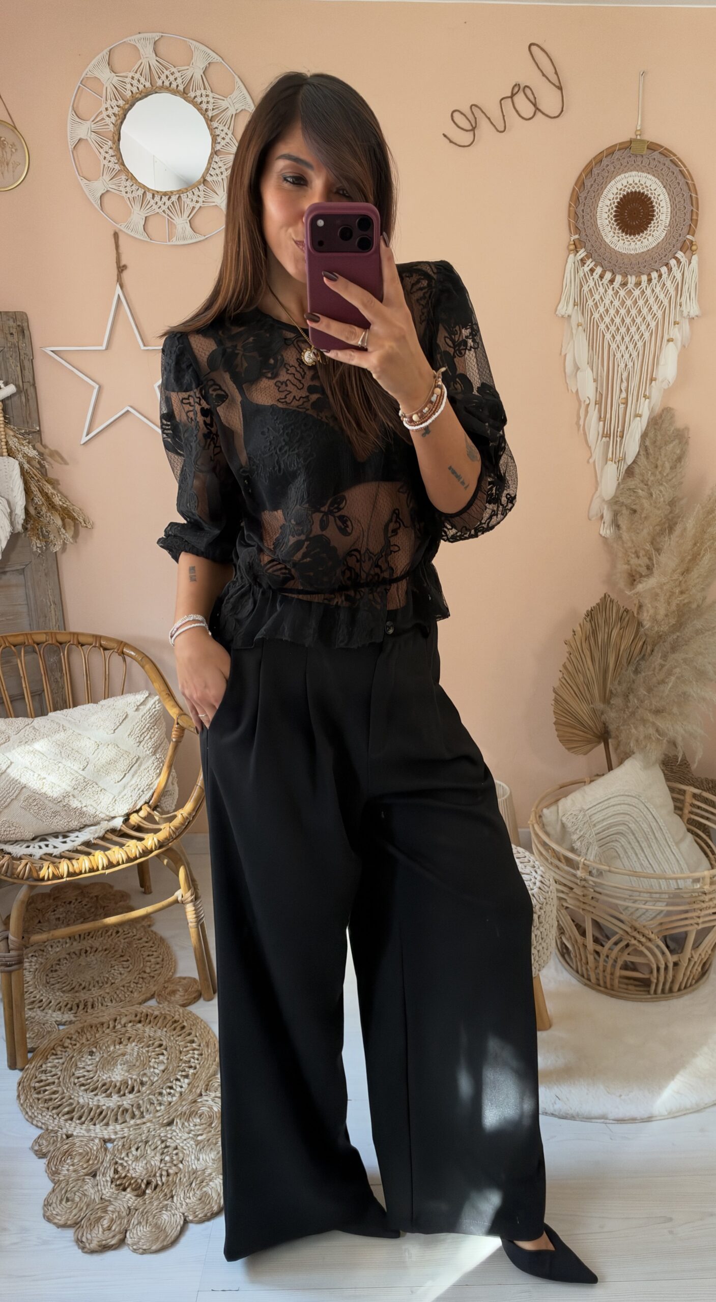 Camicia pizzo nero manica sbuffo saiph