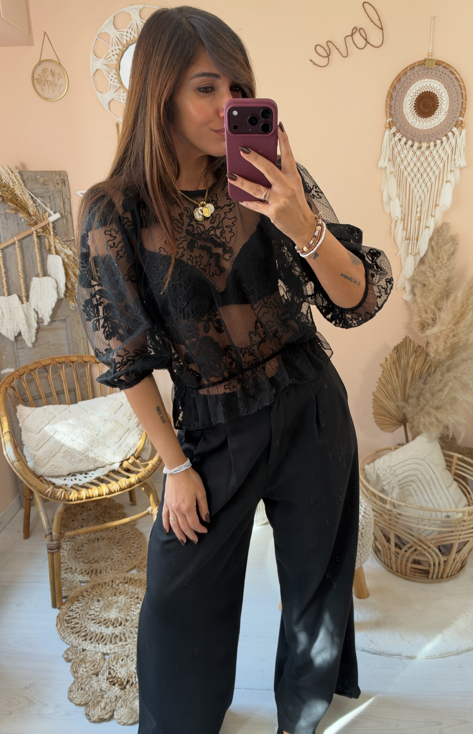 Camicia pizzo nero manica sbuffo saiph
