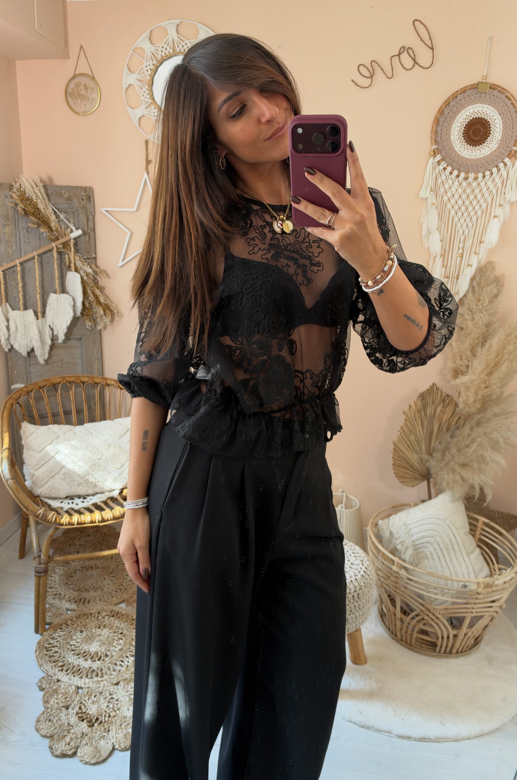 Camicia pizzo nero manica sbuffo saiph