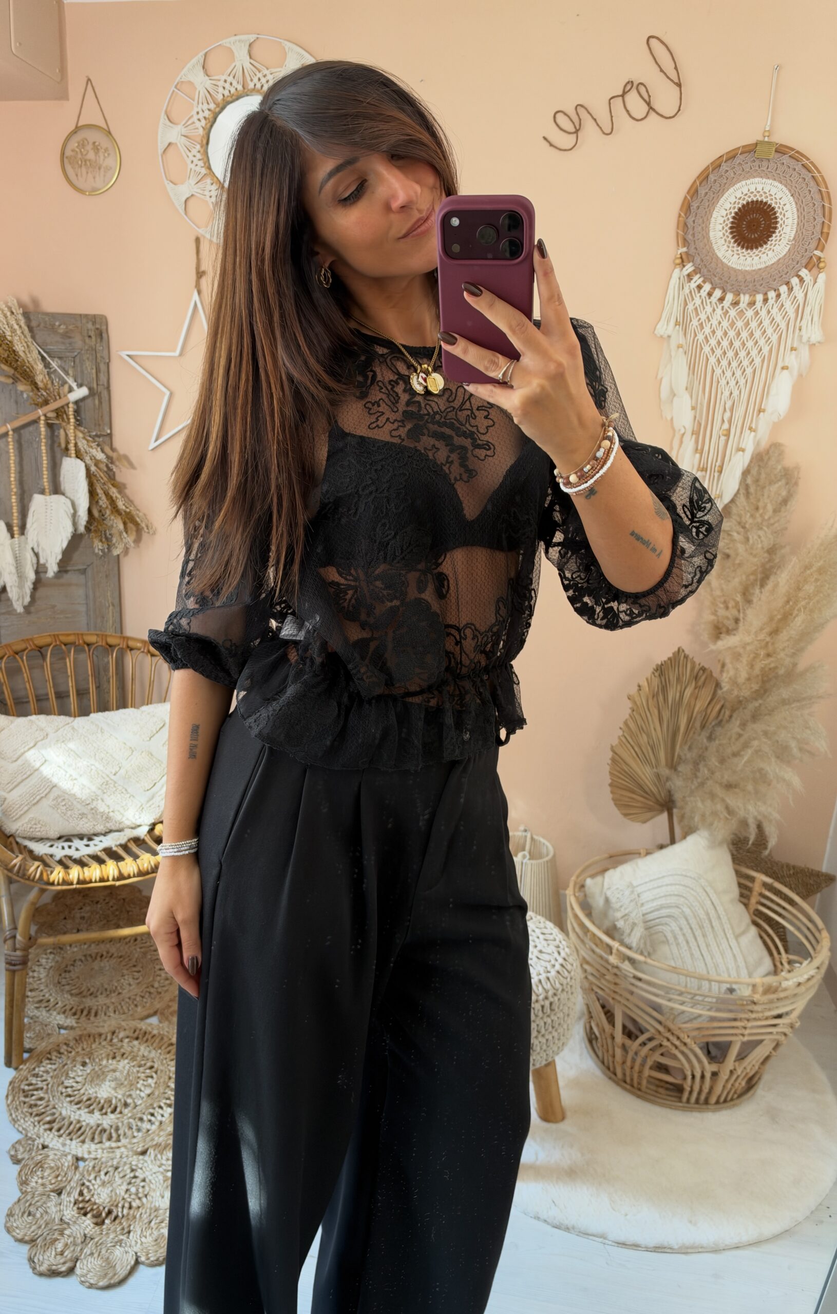 Camicia pizzo nero manica sbuffo saiph